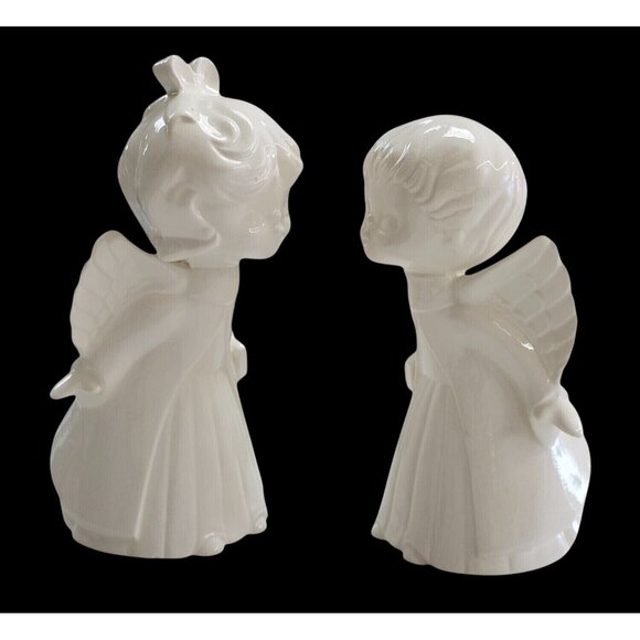 Vintage White Ceramic Kissing Angel Figurines With Wings - Picture 1 of 11